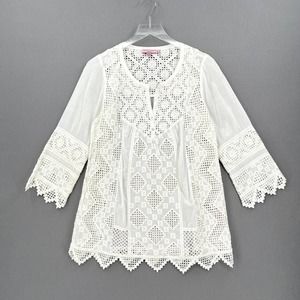 CALYPSO ST BARTH Shirt Womens Small White 3/4 Sleeve Embroidered Eyelet top